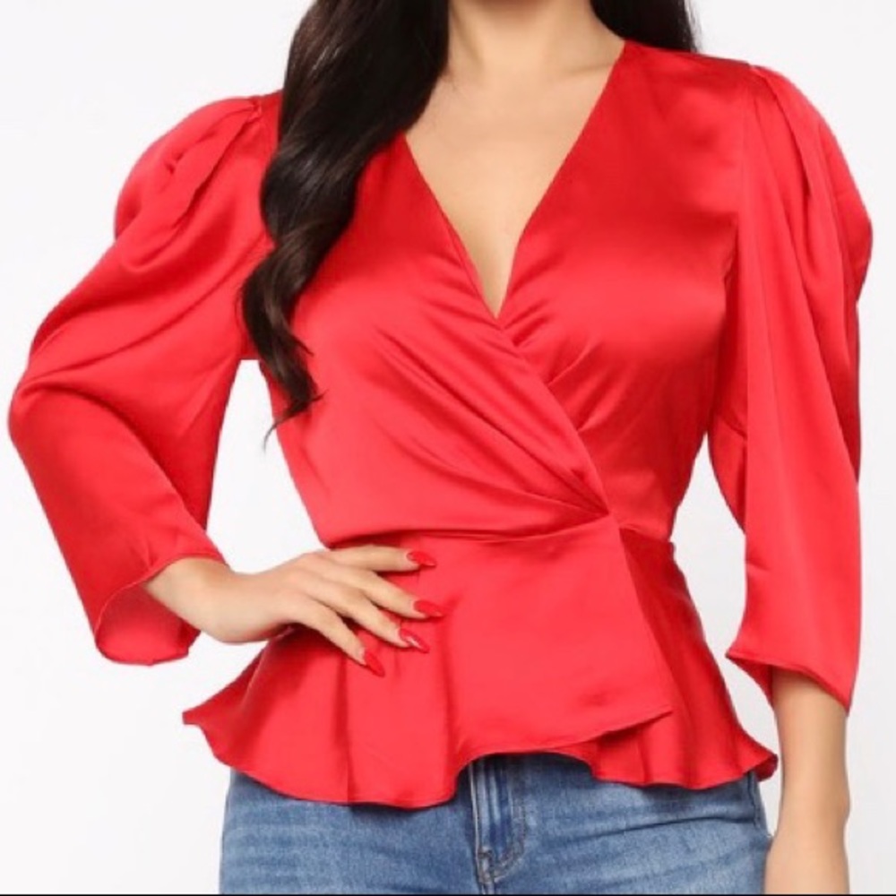 Red Satin Surplice Top